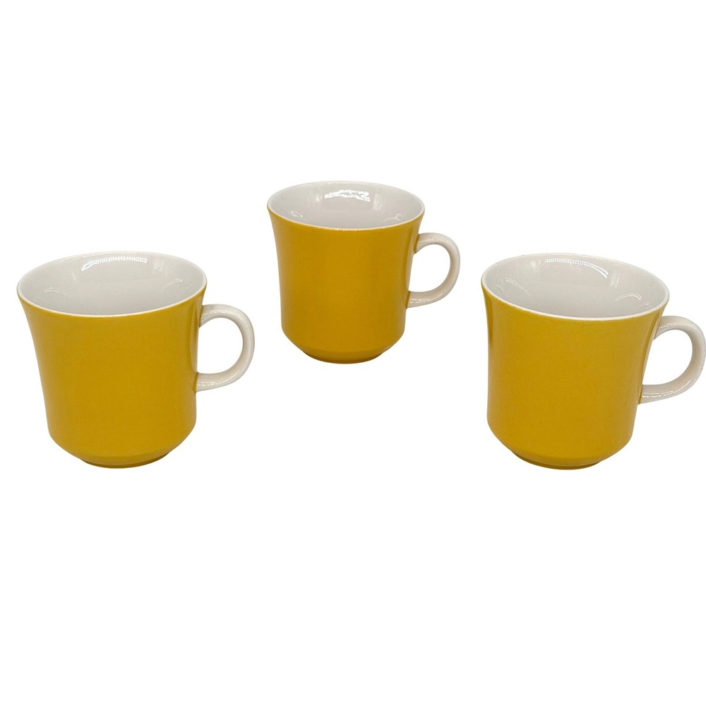 Mikasa Cera-Stone D1300 Mustard Yellow Coffee Mugs Set of 3 Vintage Japan MCM